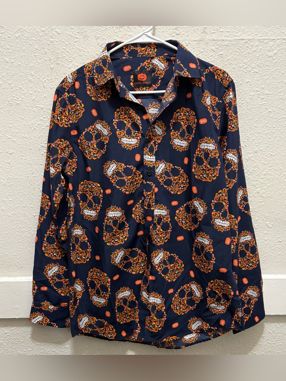 Simon Banks Blue and Orange Pumpkin Skull Print Mens Button Down M